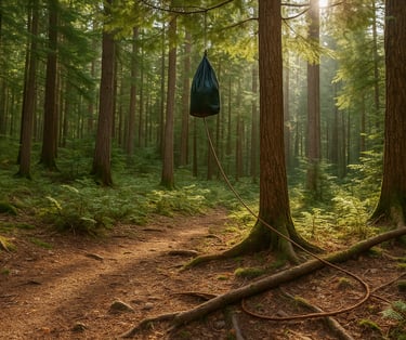 Bear bag suspended in forest between trees for safe food storage during wilderness camping and wildlife protection