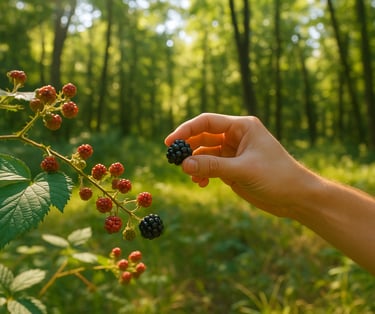 Reaching for ripe blackberries on forest shrub, demonstrating wild berry foraging and plant knowledge