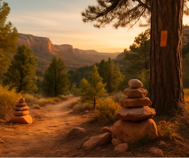 Rock cairns marking trail in desert wilderness at sunset, used for off-trail navigation and hiking safety