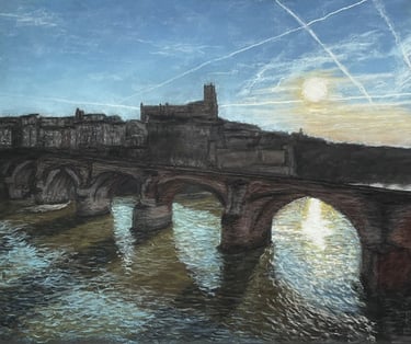 Tableau au pastel - Albi, le Tarn et le pont vieux