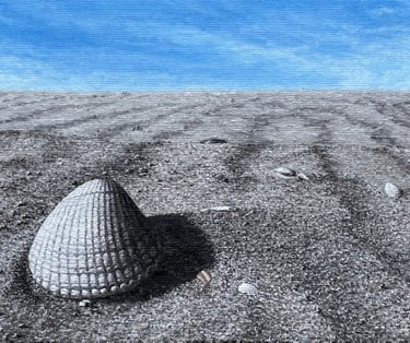 Tableau à l'huile - coquillage sur une plage vide