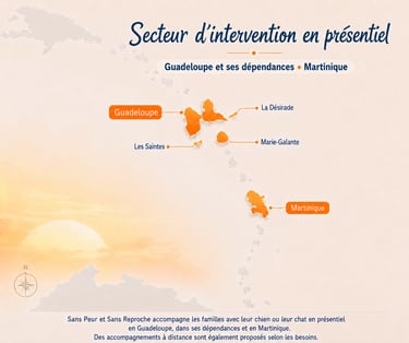 Carte du secteur d’intervention en présentiel : Guadeloupe, dépendances et Martinique