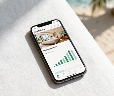 A clean, modern smartphone displaying a real-time property management dashboard with occupancy graphs, resting on a crisp white linen surface under soft Caribbean morning light