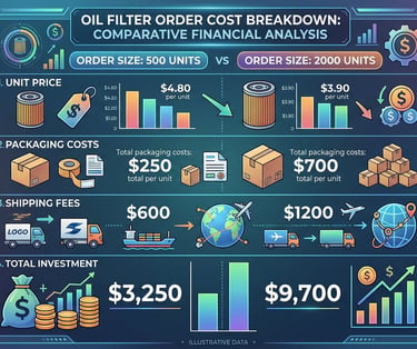 Detailed cost breakdown comparing 500-unit versus 2000-unit oil filter orders showing price differences