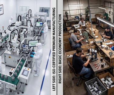 ISO-certified filter factory vs economy production line showing quality control differences