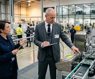 Professional auditor conducting factory certification audit inspecting production equipment and quality systems