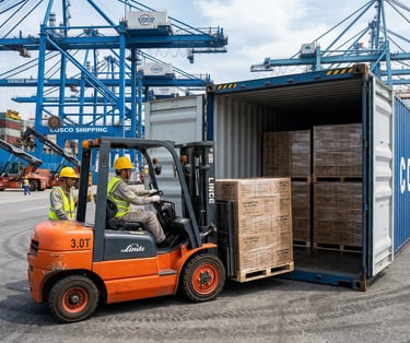 Industrial shipping container being loaded with pallets of automotive oil filters at Chinese port