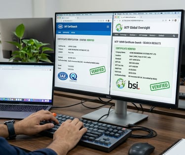 Computer screen displaying online certificate verification process on IAF and IATF official databases