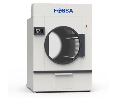 White Fossa industrial laundry dryer with a large circular drum and digital control panel.