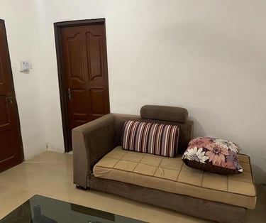 A brown velvet studio couch with decorative striped and floral pillows in a simple living room.
