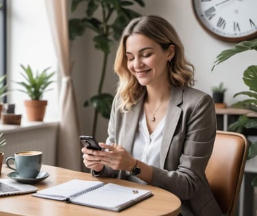 female psychologist in her clinic, looking and smiling at her smartphone picture