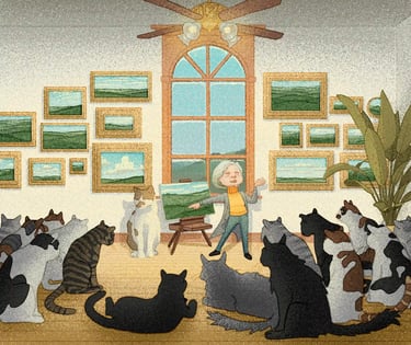 children's book illustration of an artist talking about a beautiful landscape painting made by a cat