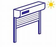 Illustration d'un volet roulant solaire bleu avec symbole de soleil, modèle motorisé Isovergne