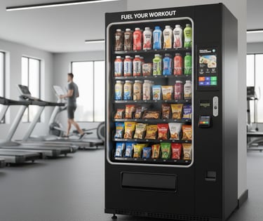 Traditional gym snack vending machine with overpriced low-nutrition products — outdated compared to