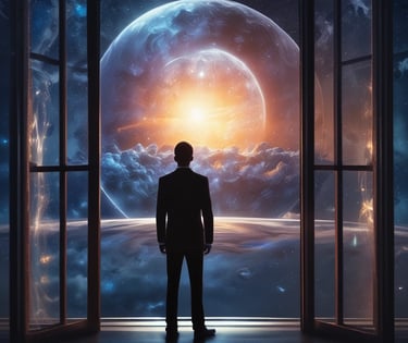 a man in a suit and tie standing in front of a window with the words