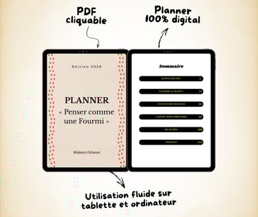 Agenda numérique affiché sur une tablette avec table des matières PDF cliquable pour l'organisation 