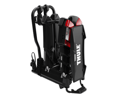 Thule bike rack in upright folded position showing space-saving design.