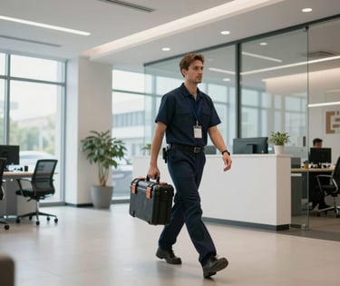 Wide shot of a technician arriving at a client office lobby with a tool case, clean modern office interior, cool daylight from large windows, purposeful stride, no posed smiling