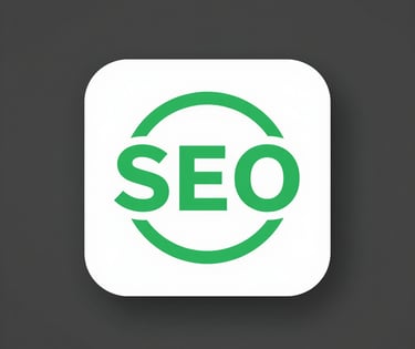 Green SEO text icon with a circular border on a white square button against a dark gray background.