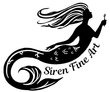Siren Fine Art logo featuring a black silhouette of a mermaid holding a paintbrush with flowing hair.