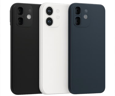 Three modern smartphones standing side-by-side: one in black, one in white, and one in dark blue.