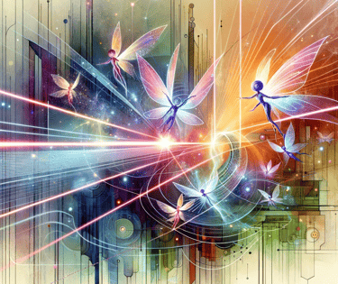 illustration for poem for the laser with flying fairies between