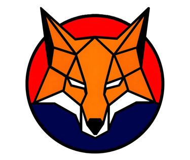 Geometric orange fox head logo in a red and blue circle.