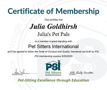 a certificate for a pet sitting from Pet Sitters International (PSI) awarded to Julia's Pet Pals