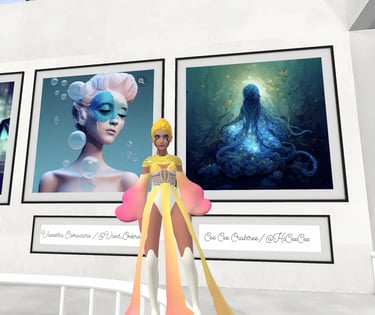 a woman in a yellow dress standing in front of a wall with pictures of a