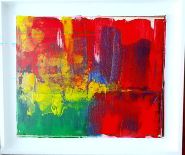 Peinture abstraite horizontale évoquant une ville nocturne lumineuse.