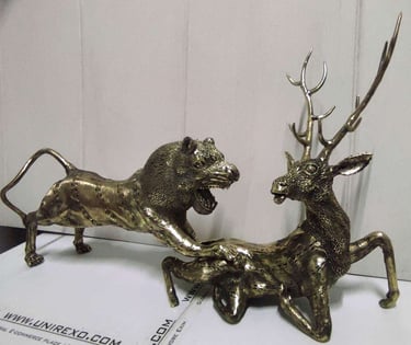 "Handcrafted brass sculpture of a lion hunting a deer-Qualified for export"