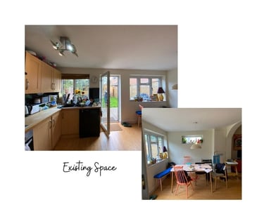 Exisitng open plan with small kitchen area and dining room