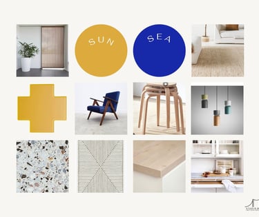 Mood Board for living room with sea and sand concept, natural textures, mid-century furniture, wood 