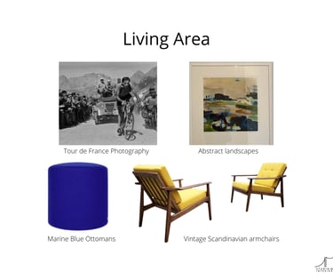 Existing artwork and suggested mid-century armchair in yellow and deep blue ottoman
