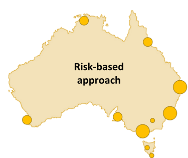 Map of Australia with circles representing levles of surveillance activity