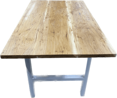 Hickory farmhouse slab table with metal H legs made by Austen at Eternally Furnished.