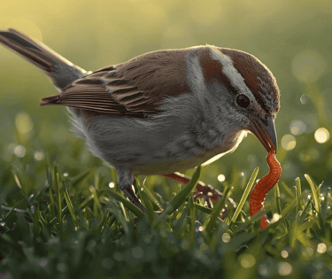Sparrow standing in tall grass at sunrise with warm light, symbolizing growth and new beginnings