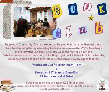  Priorswood Community Centre Taunton monthly book club event details with women discussing books.