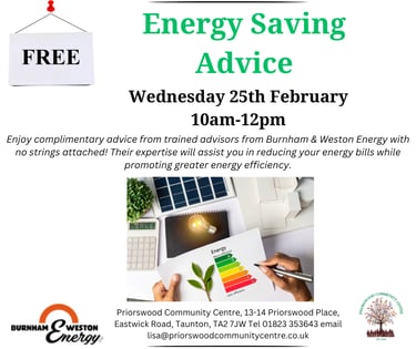 Free energy saving advice session flyer featuring Burnham & Weston Energy at Priorswood Community Centre