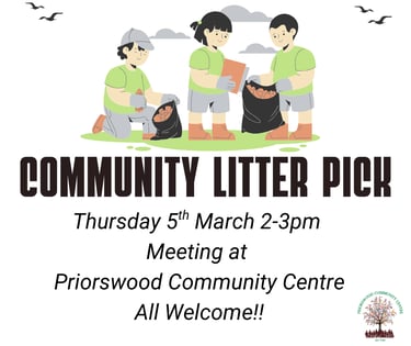 Community litter pick event flyer for Priorswood Community Centre on March 5th featuring volunteers cleaning.