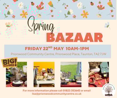 Spring Bazaar flyer for Priorswood Community Centre in Taunton featuring local crafts and household items.