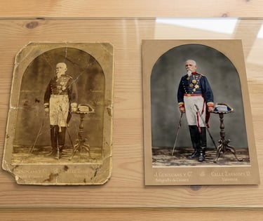 Side-by-side comparison of a vintage military portrait showing professional photo restoration results.