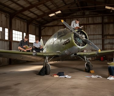 aspiring pilots studying in a hanger