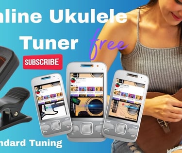 A woman playing a ukulele next to a digital clip-on tuner and smartphones showing a free online ukulele tuner app.