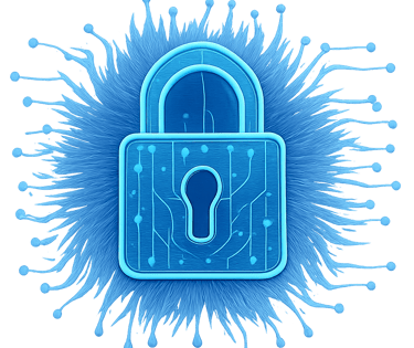 Abstract blue illustration of a digital padlock on a circuit-like background.