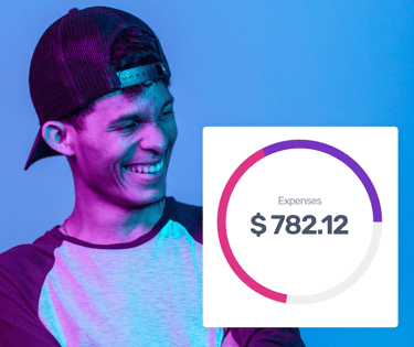 Smiling man next to a budget tracking chart showing monthly expenses of 782 dollars.