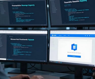 A dark, modern workspace showing multiple monitors displaying threat hunting dashboards, PowerShell scripts, and Microsoft 365 admin centers. Illuminated by cool blue and cyan (#00BCD4) ambient lighting.