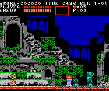 Classic 8-bit Castlevania NES gameplay showing Simon Belmont in a gothic castle level.