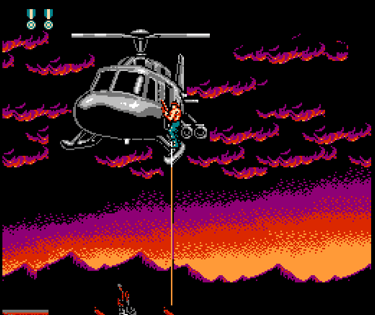 Classic 8-bit retro gaming scene of a soldier rappelling from a military helicopter at sunset.