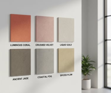 A wall display of six textured plaster paint color swatches for interior design inspiration.